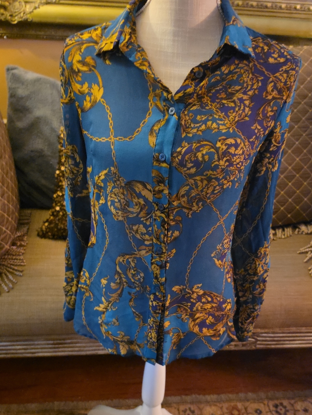 bebe Blue Button-Down Blouse with Gold Chain Print